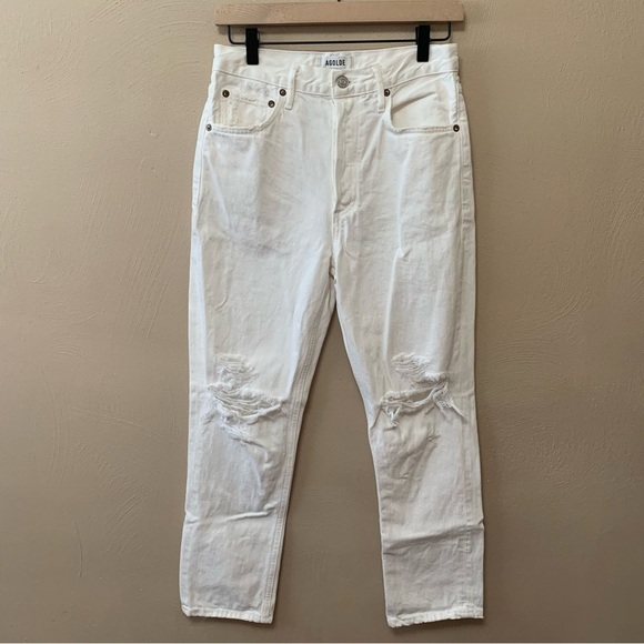 Agolde Riley High Rise Straight Crop Distressed Jeans in Slant White Size 26 - Picture 3 of 12